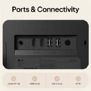 Los puertos traseros del Monitor LG Smart muestran opciones de conectividad HDMI 2.0, USB-A 2.0, salida de auriculares y DC-IN